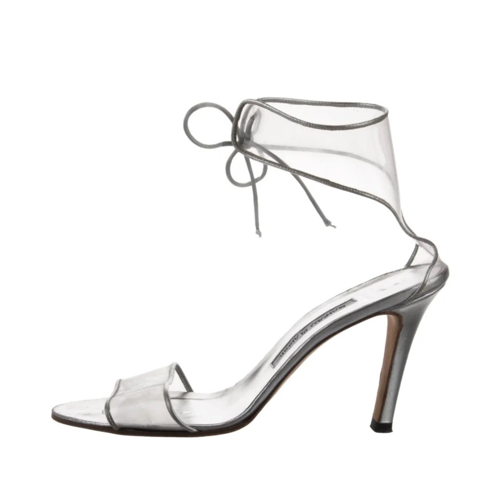 Manolo Blahnik Silver PVC Ankle Strap Heels 9-9.5